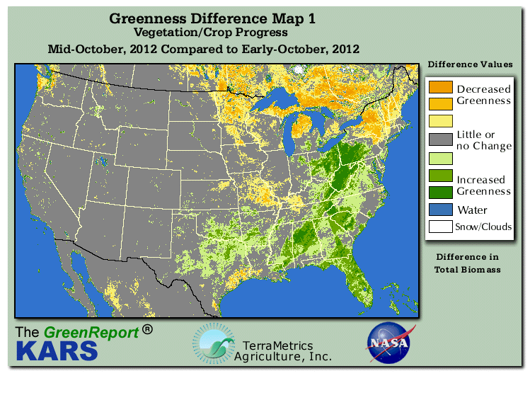 Color-coded U.S. vegetation greeness index map for Period 43 of 2012, illustrating spatial variations in plant vigor, with greener tones indicating higher biomass and browner tones indicating stressed vegetation,
              comparing current crop/vegetation change in biomass to the previous week within the same year.