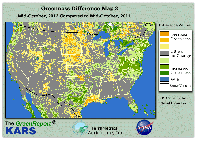 Color-coded U.S. vegetation greeness index map for Period 43 of 2012, illustrating spatial variations in plant vigor, with greener tones indicating higher biomass and browner tones indicating stressed vegetation,
              comparing current crop/vegetation change in biomass to same period from the previous year.