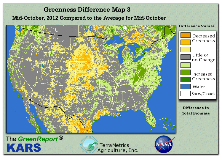 Color-coded U.S. vegetation greeness index map for Period 43 of 2012, illustrating spatial variations in plant vigor, with greener tones indicating higher biomass and browner tones indicating stressed vegetation,
              comparing current crop/vegetation change in biomass to the 20-year greenness average.