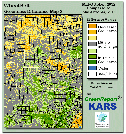 Color-coded Wheat Belt vegetation greeness index map for Period 43 of 2012, illustrating spatial variations in plant vigor, with greener tones indicating higher biomass and browner tones indicating stressed vegetation,
              comparing current crop/vegetation change in biomass to same period from the previous year.