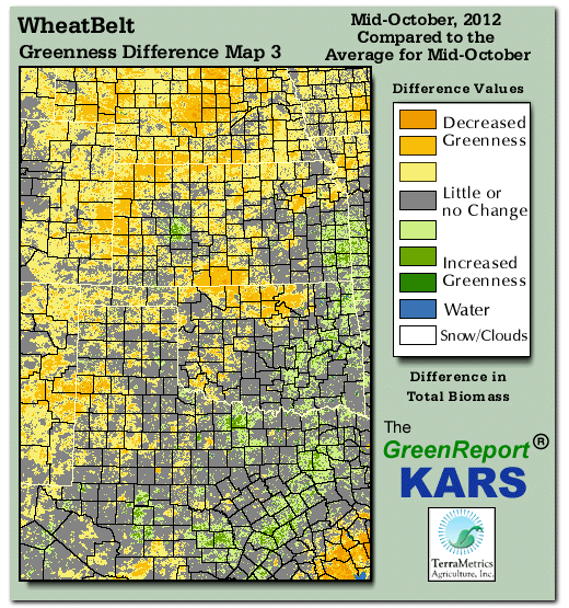 Color-coded Wheat Belt vegetation greeness index map for Period 43 of 2012, illustrating spatial variations in plant vigor, with greener tones indicating higher biomass and browner tones indicating stressed vegetation,
              comparing current crop/vegetation change in biomass to the 20-year greenness average.