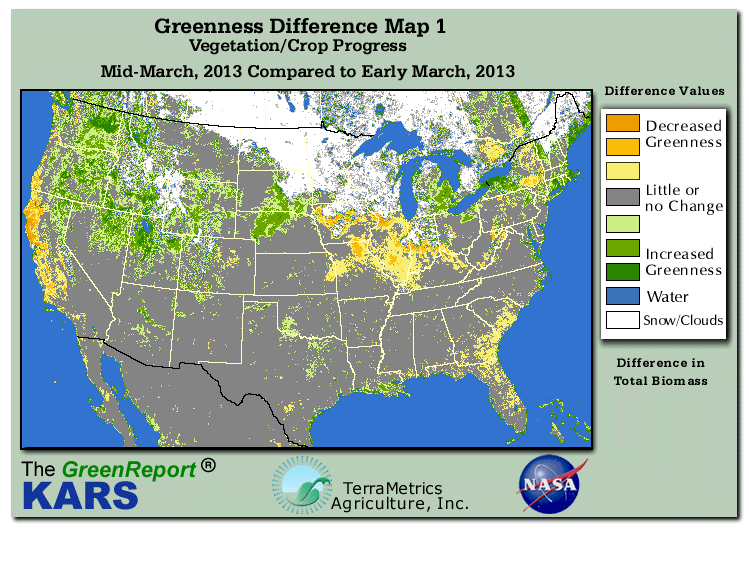 Color-coded U.S. vegetation greeness index map for Period 11 of 2013, illustrating spatial variations in plant vigor, with greener tones indicating higher biomass and browner tones indicating stressed vegetation,
              comparing current crop/vegetation change in biomass to the previous week within the same year.