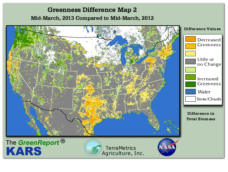 Color-coded U.S. vegetation greeness index map for Period 11 of 2013, illustrating spatial variations in plant vigor, with greener tones indicating higher biomass and browner tones indicating stressed vegetation,
              comparing current crop/vegetation change in biomass to same period from the previous year.