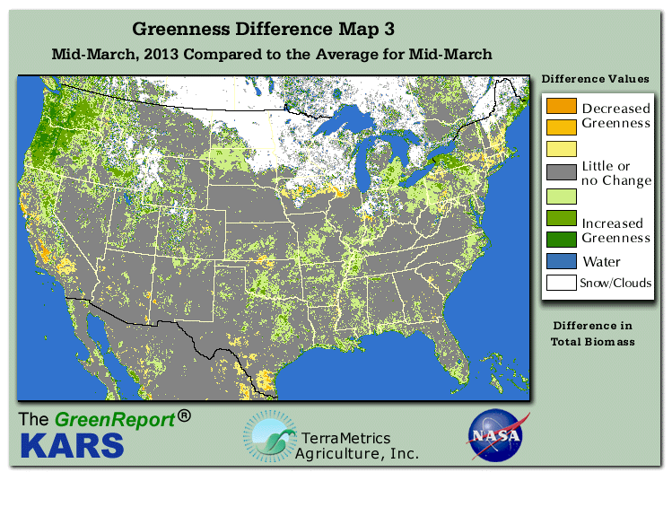Color-coded U.S. vegetation greeness index map for Period 11 of 2013, illustrating spatial variations in plant vigor, with greener tones indicating higher biomass and browner tones indicating stressed vegetation,
              comparing current crop/vegetation change in biomass to the 20-year greenness average.