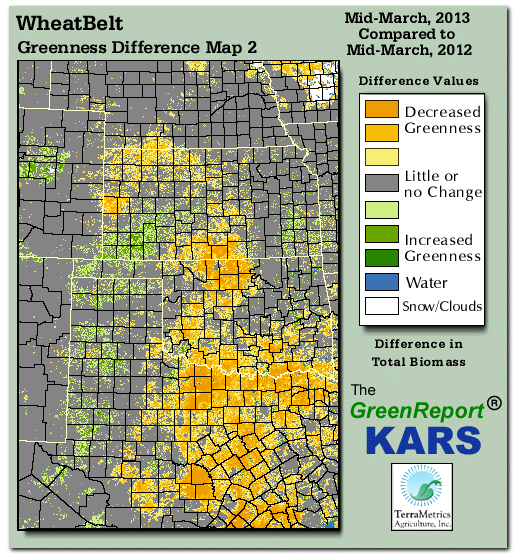 Color-coded Wheat Belt vegetation greeness index map for Period 11 of 2013, illustrating spatial variations in plant vigor, with greener tones indicating higher biomass and browner tones indicating stressed vegetation,
              comparing current crop/vegetation change in biomass to same period from the previous year.