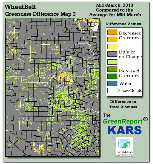 Color-coded Wheat Belt vegetation greeness index map for Period 11 of 2013, illustrating spatial variations in plant vigor, with greener tones indicating higher biomass and browner tones indicating stressed vegetation,
              comparing current crop/vegetation change in biomass to the 20-year greenness average.