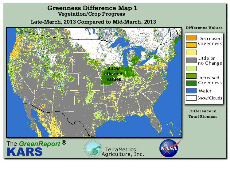 Color-coded U.S. vegetation greeness index map for Period 12 of 2013, illustrating spatial variations in plant vigor, with greener tones indicating higher biomass and browner tones indicating stressed vegetation,
              comparing current crop/vegetation change in biomass to the previous week within the same year.