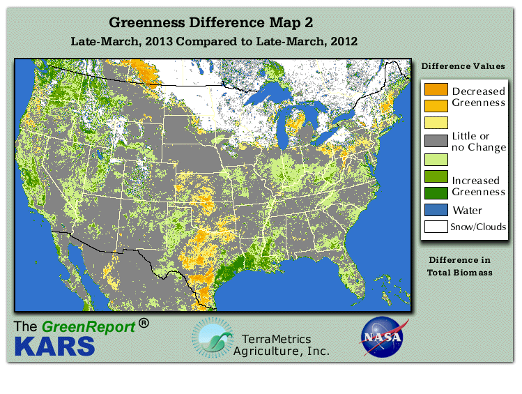 Color-coded U.S. vegetation greeness index map for Period 12 of 2013, illustrating spatial variations in plant vigor, with greener tones indicating higher biomass and browner tones indicating stressed vegetation,
              comparing current crop/vegetation change in biomass to same period from the previous year.