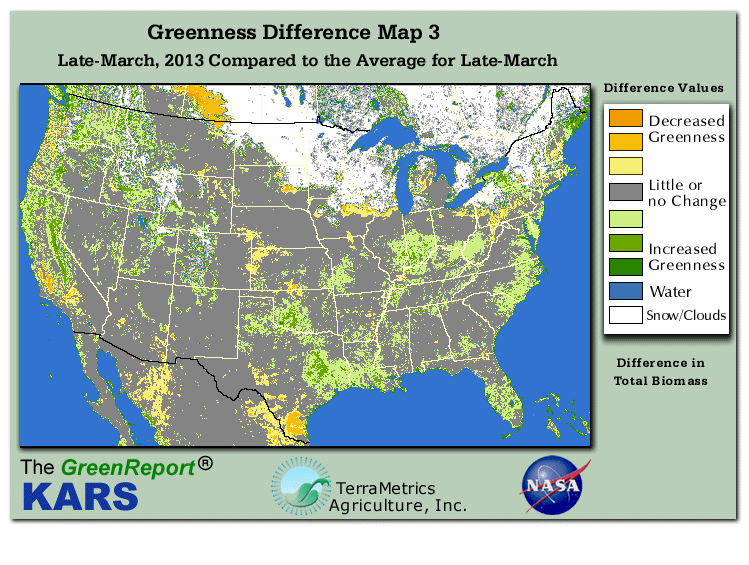 Color-coded U.S. vegetation greeness index map for Period 12 of 2013, illustrating spatial variations in plant vigor, with greener tones indicating higher biomass and browner tones indicating stressed vegetation,
              comparing current crop/vegetation change in biomass to the 20-year greenness average.