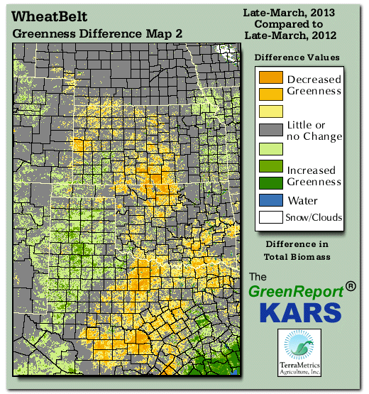 Color-coded Wheat Belt vegetation greeness index map for Period 12 of 2013, illustrating spatial variations in plant vigor, with greener tones indicating higher biomass and browner tones indicating stressed vegetation,
              comparing current crop/vegetation change in biomass to same period from the previous year.