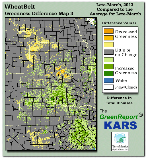 Color-coded Wheat Belt vegetation greeness index map for Period 12 of 2013, illustrating spatial variations in plant vigor, with greener tones indicating higher biomass and browner tones indicating stressed vegetation,
              comparing current crop/vegetation change in biomass to the 20-year greenness average.