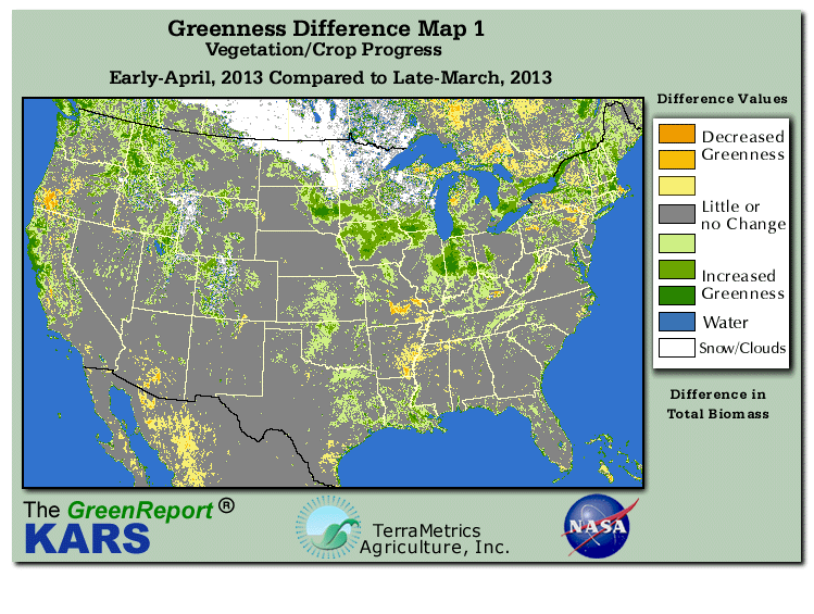 Color-coded U.S. vegetation greeness index map for Period 13 of 2013, illustrating spatial variations in plant vigor, with greener tones indicating higher biomass and browner tones indicating stressed vegetation,
              comparing current crop/vegetation change in biomass to the previous week within the same year.