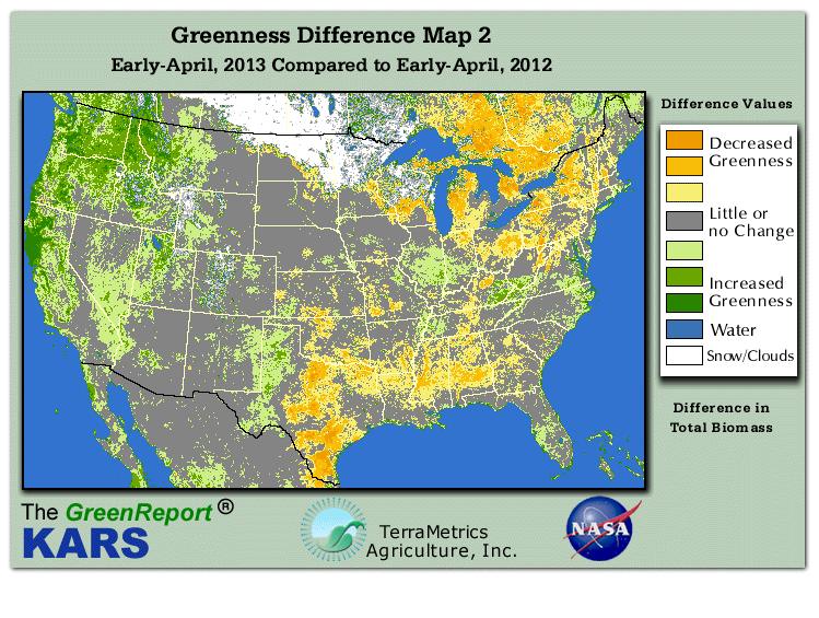 Color-coded U.S. vegetation greeness index map for Period 13 of 2013, illustrating spatial variations in plant vigor, with greener tones indicating higher biomass and browner tones indicating stressed vegetation,
              comparing current crop/vegetation change in biomass to same period from the previous year.