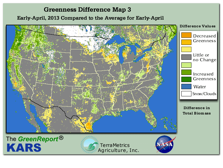 Color-coded U.S. vegetation greeness index map for Period 13 of 2013, illustrating spatial variations in plant vigor, with greener tones indicating higher biomass and browner tones indicating stressed vegetation,
              comparing current crop/vegetation change in biomass to the 20-year greenness average.