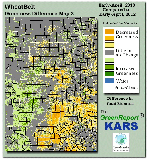 Color-coded Wheat Belt vegetation greeness index map for Period 13 of 2013, illustrating spatial variations in plant vigor, with greener tones indicating higher biomass and browner tones indicating stressed vegetation,
              comparing current crop/vegetation change in biomass to same period from the previous year.