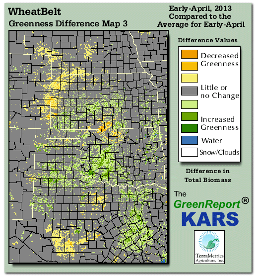 Color-coded Wheat Belt vegetation greeness index map for Period 13 of 2013, illustrating spatial variations in plant vigor, with greener tones indicating higher biomass and browner tones indicating stressed vegetation,
              comparing current crop/vegetation change in biomass to the 20-year greenness average.