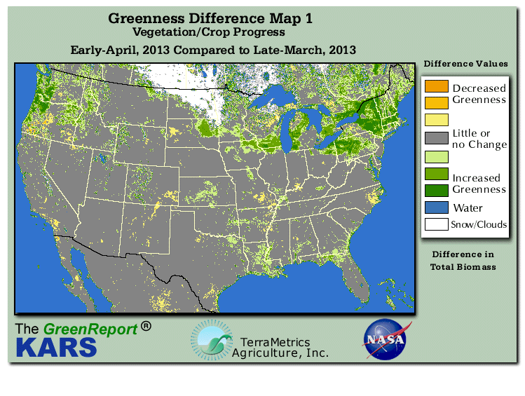 Color-coded U.S. vegetation greeness index map for Period 14 of 2013, illustrating spatial variations in plant vigor, with greener tones indicating higher biomass and browner tones indicating stressed vegetation,
              comparing current crop/vegetation change in biomass to the previous week within the same year.