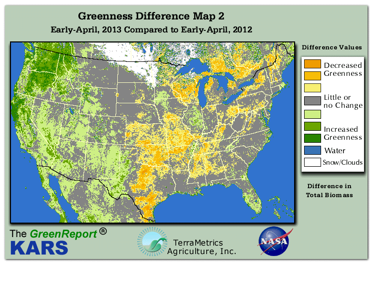 Color-coded U.S. vegetation greeness index map for Period 14 of 2013, illustrating spatial variations in plant vigor, with greener tones indicating higher biomass and browner tones indicating stressed vegetation,
              comparing current crop/vegetation change in biomass to same period from the previous year.