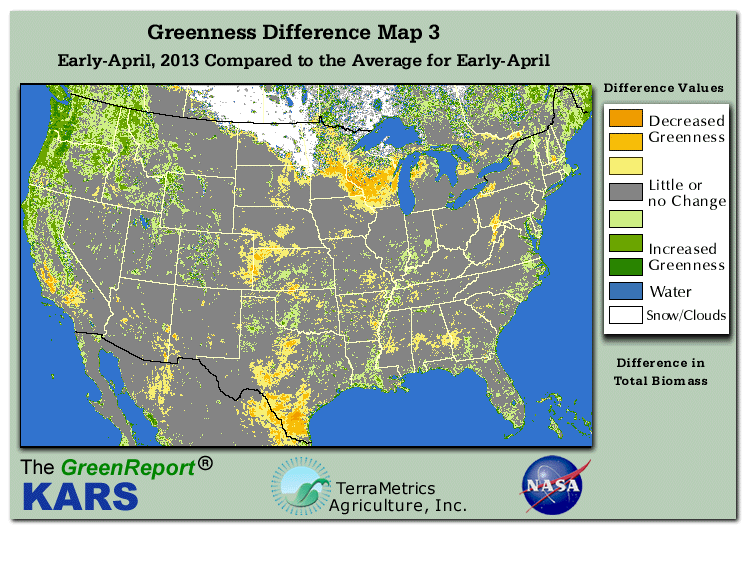Color-coded U.S. vegetation greeness index map for Period 14 of 2013, illustrating spatial variations in plant vigor, with greener tones indicating higher biomass and browner tones indicating stressed vegetation,
              comparing current crop/vegetation change in biomass to the 20-year greenness average.