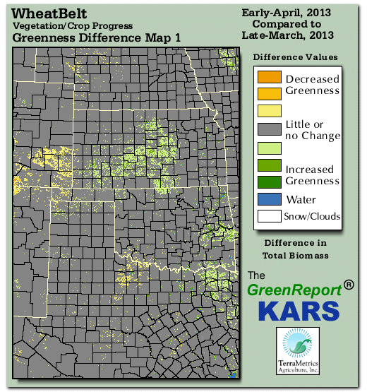 Color-coded Wheat Belt vegetation greeness index map for Period 14 of 2013, illustrating spatial variations in plant vigor, with greener tones indicating higher biomass and browner tones indicating stressed vegetation,
              comparing current crop/vegetation change in biomass to the previous week within the same year.