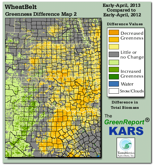 Color-coded Wheat Belt vegetation greeness index map for Period 14 of 2013, illustrating spatial variations in plant vigor, with greener tones indicating higher biomass and browner tones indicating stressed vegetation,
              comparing current crop/vegetation change in biomass to same period from the previous year.