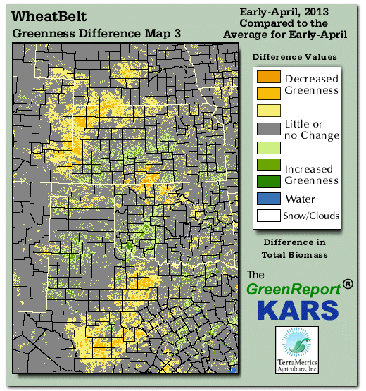 Color-coded Wheat Belt vegetation greeness index map for Period 14 of 2013, illustrating spatial variations in plant vigor, with greener tones indicating higher biomass and browner tones indicating stressed vegetation,
              comparing current crop/vegetation change in biomass to the 20-year greenness average.