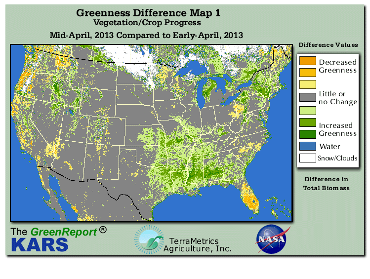 Color-coded U.S. vegetation greeness index map for Period 15 of 2013, illustrating spatial variations in plant vigor, with greener tones indicating higher biomass and browner tones indicating stressed vegetation,
              comparing current crop/vegetation change in biomass to the previous week within the same year.