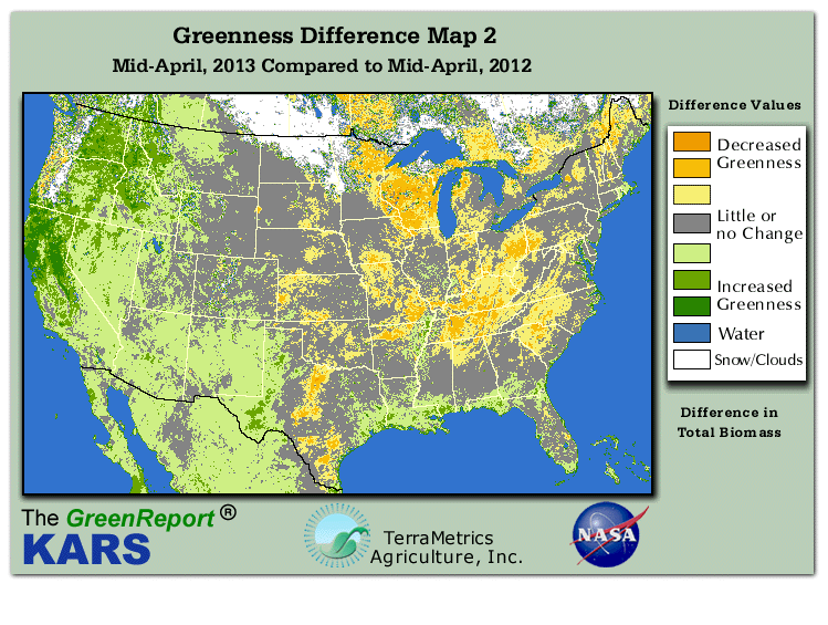 Color-coded U.S. vegetation greeness index map for Period 15 of 2013, illustrating spatial variations in plant vigor, with greener tones indicating higher biomass and browner tones indicating stressed vegetation,
              comparing current crop/vegetation change in biomass to same period from the previous year.