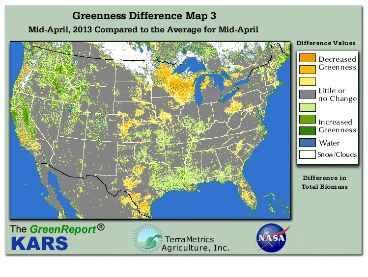 Color-coded U.S. vegetation greeness index map for Period 15 of 2013, illustrating spatial variations in plant vigor, with greener tones indicating higher biomass and browner tones indicating stressed vegetation,
              comparing current crop/vegetation change in biomass to the 20-year greenness average.