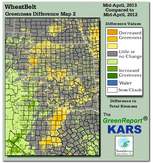 Color-coded Wheat Belt vegetation greeness index map for Period 15 of 2013, illustrating spatial variations in plant vigor, with greener tones indicating higher biomass and browner tones indicating stressed vegetation,
              comparing current crop/vegetation change in biomass to same period from the previous year.