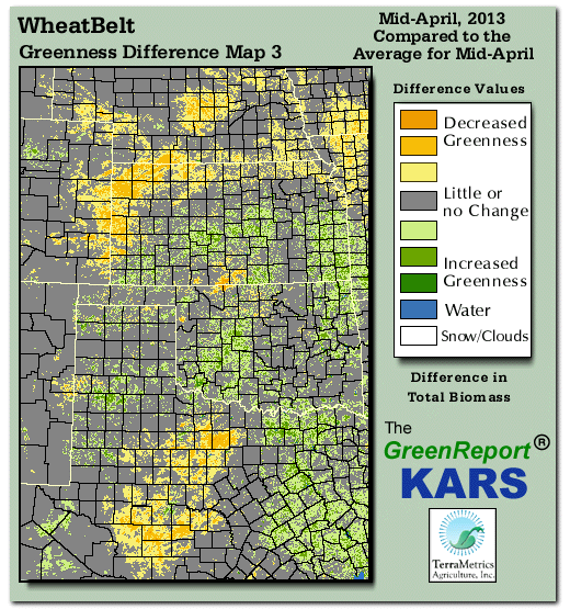 Color-coded Wheat Belt vegetation greeness index map for Period 15 of 2013, illustrating spatial variations in plant vigor, with greener tones indicating higher biomass and browner tones indicating stressed vegetation,
              comparing current crop/vegetation change in biomass to the 20-year greenness average.