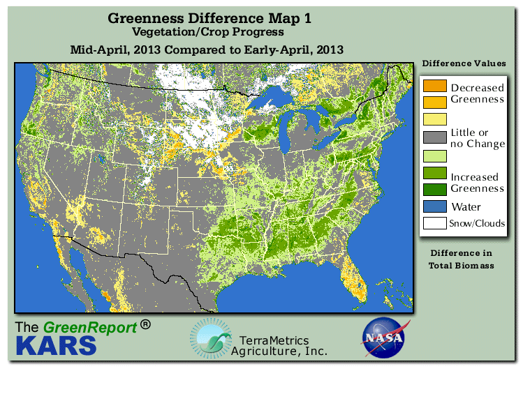 Color-coded U.S. vegetation greeness index map for Period 16 of 2013, illustrating spatial variations in plant vigor, with greener tones indicating higher biomass and browner tones indicating stressed vegetation,
              comparing current crop/vegetation change in biomass to the previous week within the same year.