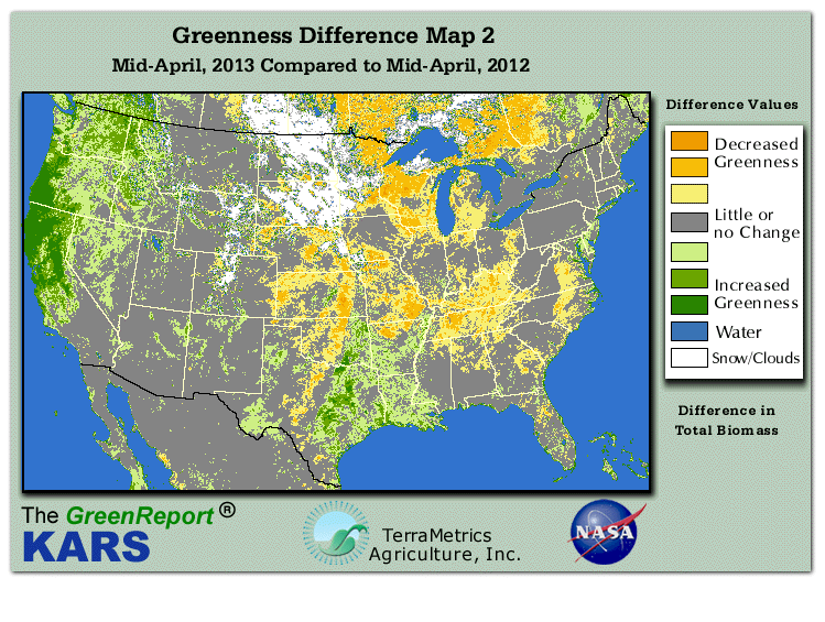 Color-coded U.S. vegetation greeness index map for Period 16 of 2013, illustrating spatial variations in plant vigor, with greener tones indicating higher biomass and browner tones indicating stressed vegetation,
              comparing current crop/vegetation change in biomass to same period from the previous year.