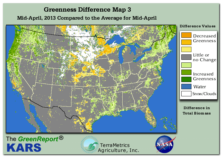 Color-coded U.S. vegetation greeness index map for Period 16 of 2013, illustrating spatial variations in plant vigor, with greener tones indicating higher biomass and browner tones indicating stressed vegetation,
              comparing current crop/vegetation change in biomass to the 20-year greenness average.