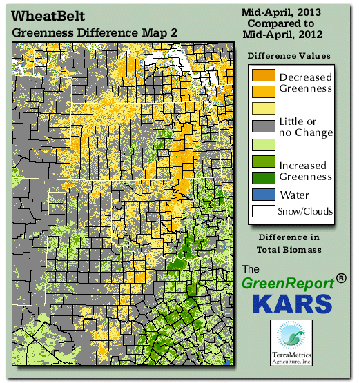 Color-coded Wheat Belt vegetation greeness index map for Period 16 of 2013, illustrating spatial variations in plant vigor, with greener tones indicating higher biomass and browner tones indicating stressed vegetation,
              comparing current crop/vegetation change in biomass to same period from the previous year.