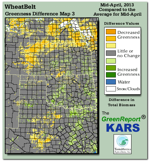 Color-coded Wheat Belt vegetation greeness index map for Period 16 of 2013, illustrating spatial variations in plant vigor, with greener tones indicating higher biomass and browner tones indicating stressed vegetation,
              comparing current crop/vegetation change in biomass to the 20-year greenness average.
