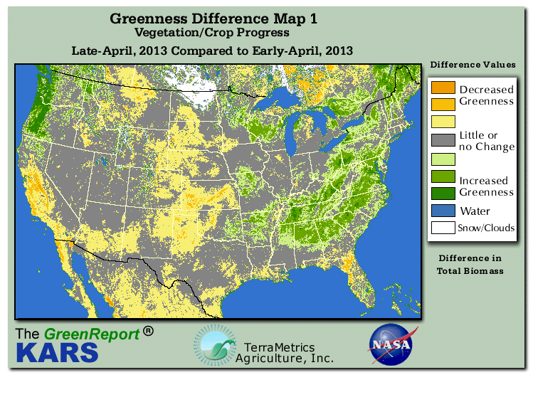 Color-coded U.S. vegetation greeness index map for Period 17 of 2013, illustrating spatial variations in plant vigor, with greener tones indicating higher biomass and browner tones indicating stressed vegetation,
              comparing current crop/vegetation change in biomass to the previous week within the same year.