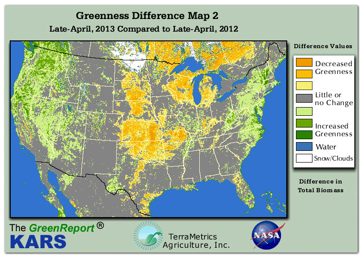 Color-coded U.S. vegetation greeness index map for Period 17 of 2013, illustrating spatial variations in plant vigor, with greener tones indicating higher biomass and browner tones indicating stressed vegetation,
              comparing current crop/vegetation change in biomass to same period from the previous year.