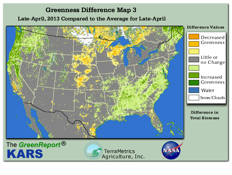 Color-coded U.S. vegetation greeness index map for Period 17 of 2013, illustrating spatial variations in plant vigor, with greener tones indicating higher biomass and browner tones indicating stressed vegetation,
              comparing current crop/vegetation change in biomass to the 20-year greenness average.
