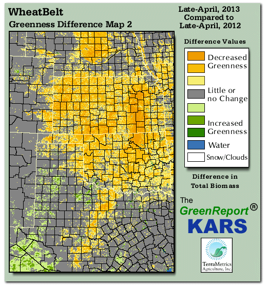 Color-coded Wheat Belt vegetation greeness index map for Period 17 of 2013, illustrating spatial variations in plant vigor, with greener tones indicating higher biomass and browner tones indicating stressed vegetation,
              comparing current crop/vegetation change in biomass to same period from the previous year.