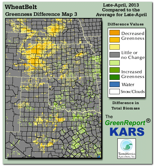 Color-coded Wheat Belt vegetation greeness index map for Period 17 of 2013, illustrating spatial variations in plant vigor, with greener tones indicating higher biomass and browner tones indicating stressed vegetation,
              comparing current crop/vegetation change in biomass to the 20-year greenness average.