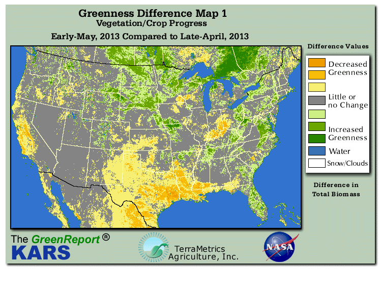 Color-coded U.S. vegetation greeness index map for Period 18 of 2013, illustrating spatial variations in plant vigor, with greener tones indicating higher biomass and browner tones indicating stressed vegetation,
              comparing current crop/vegetation change in biomass to the previous week within the same year.