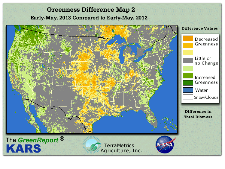Color-coded U.S. vegetation greeness index map for Period 18 of 2013, illustrating spatial variations in plant vigor, with greener tones indicating higher biomass and browner tones indicating stressed vegetation,
              comparing current crop/vegetation change in biomass to same period from the previous year.