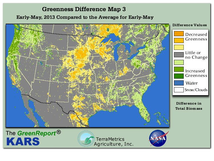 Color-coded U.S. vegetation greeness index map for Period 18 of 2013, illustrating spatial variations in plant vigor, with greener tones indicating higher biomass and browner tones indicating stressed vegetation,
              comparing current crop/vegetation change in biomass to the 20-year greenness average.