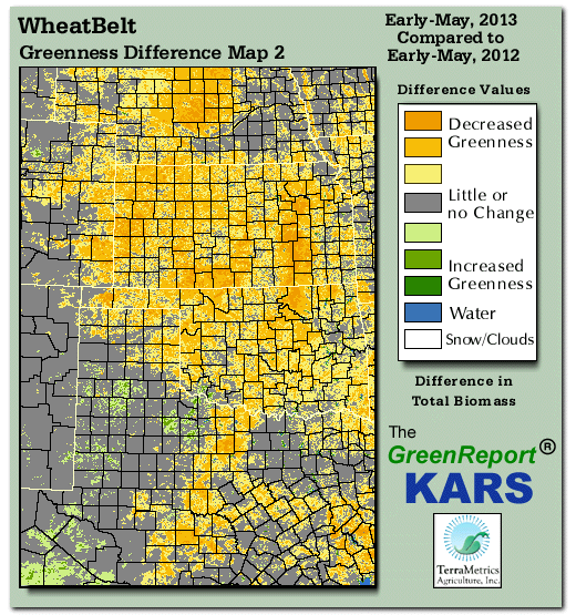 Color-coded Wheat Belt vegetation greeness index map for Period 18 of 2013, illustrating spatial variations in plant vigor, with greener tones indicating higher biomass and browner tones indicating stressed vegetation,
              comparing current crop/vegetation change in biomass to same period from the previous year.