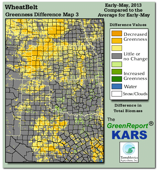 Color-coded Wheat Belt vegetation greeness index map for Period 18 of 2013, illustrating spatial variations in plant vigor, with greener tones indicating higher biomass and browner tones indicating stressed vegetation,
              comparing current crop/vegetation change in biomass to the 20-year greenness average.