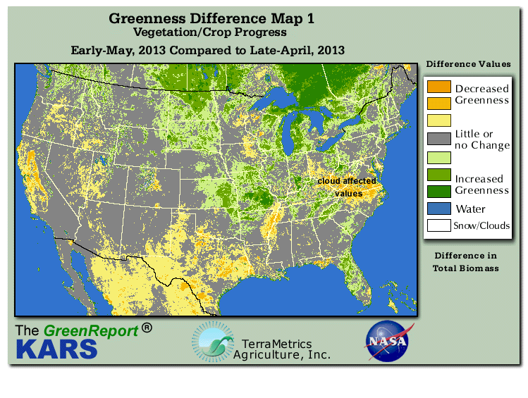 Color-coded U.S. vegetation greeness index map for Period 19 of 2013, illustrating spatial variations in plant vigor, with greener tones indicating higher biomass and browner tones indicating stressed vegetation,
              comparing current crop/vegetation change in biomass to the previous week within the same year.