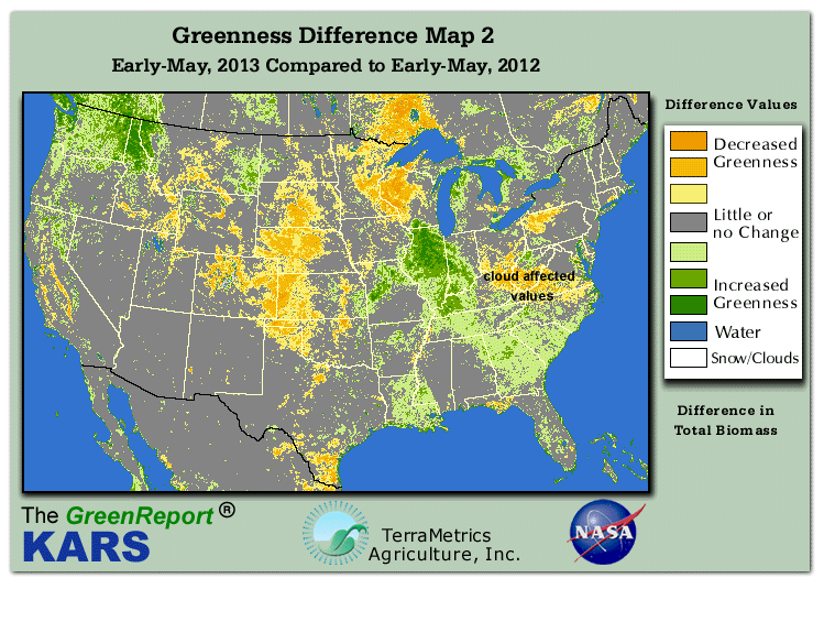 Color-coded U.S. vegetation greeness index map for Period 19 of 2013, illustrating spatial variations in plant vigor, with greener tones indicating higher biomass and browner tones indicating stressed vegetation,
              comparing current crop/vegetation change in biomass to same period from the previous year.