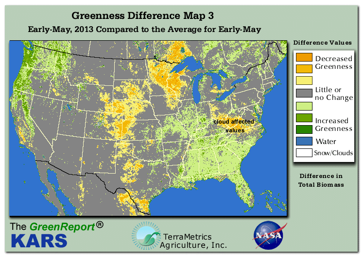 Color-coded U.S. vegetation greeness index map for Period 19 of 2013, illustrating spatial variations in plant vigor, with greener tones indicating higher biomass and browner tones indicating stressed vegetation,
              comparing current crop/vegetation change in biomass to the 20-year greenness average.