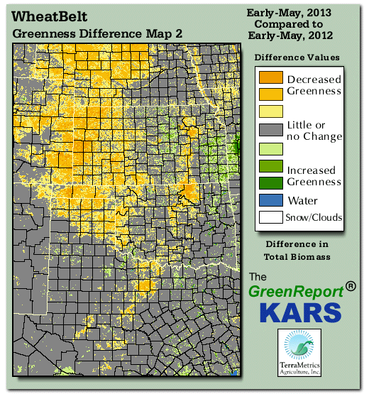 Color-coded Wheat Belt vegetation greeness index map for Period 19 of 2013, illustrating spatial variations in plant vigor, with greener tones indicating higher biomass and browner tones indicating stressed vegetation,
              comparing current crop/vegetation change in biomass to same period from the previous year.